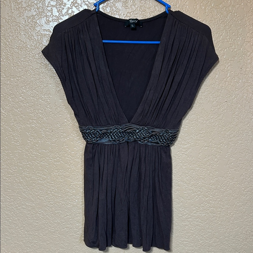 Sky Women's Chocolate brownPleated Blouse with leather accent